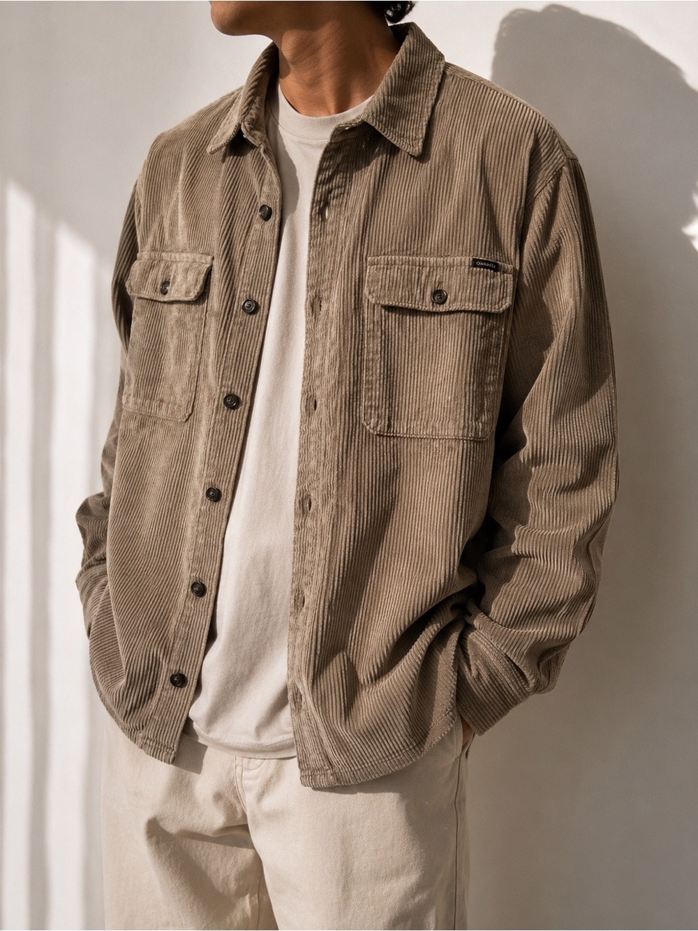 Ghanda Corduroy Overshirt Jacket Beige Taupe 100% Cotton Button-Up Large